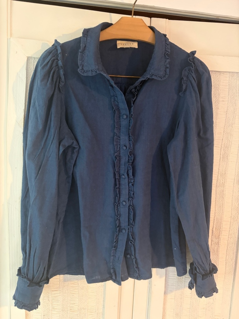 SEZANE BUTTON UP RUFFLE BLUE SHIRT BLOUSE WOMEN'S 36